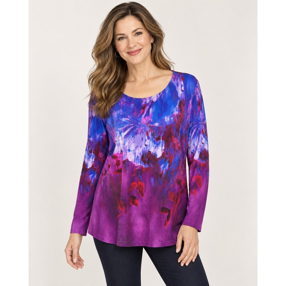 Bob Mackie Wearable Art Womens Large Abstract Floral Tunic Top Blue Purple L